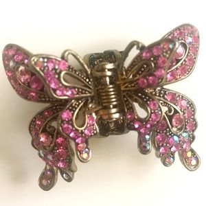 Brass-Toned Butterfly Hair Clip w Pink Line Stones